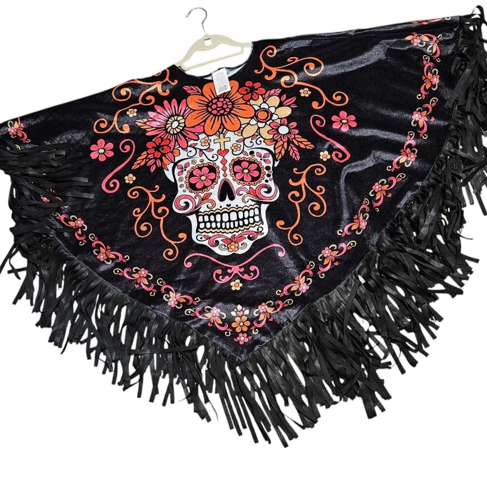 Day of the Dead poncho with fringe OS